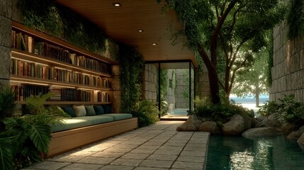 Fototapeta premium Serene Home Library with Indoor Pool Lush Greenery