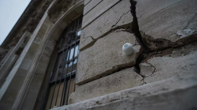 A closeup of a historical facade featuring cracks with an IoT sensor positioned strategically nearby highlighting proactive measures to detect water intrusion before it causes significant