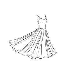 A spaghetti-strap dance costume, black simple line drawing, flowing feel, white background.