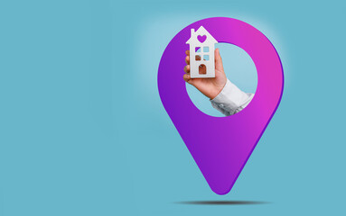 Hand holding a model house and location pin, real estate concept.
House for sale banner