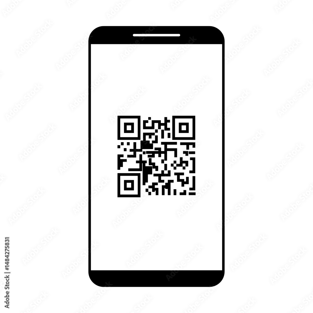 Poster qr code scanning on smartphone screen. simple line icon style, barcode scanner for payment, web, mob