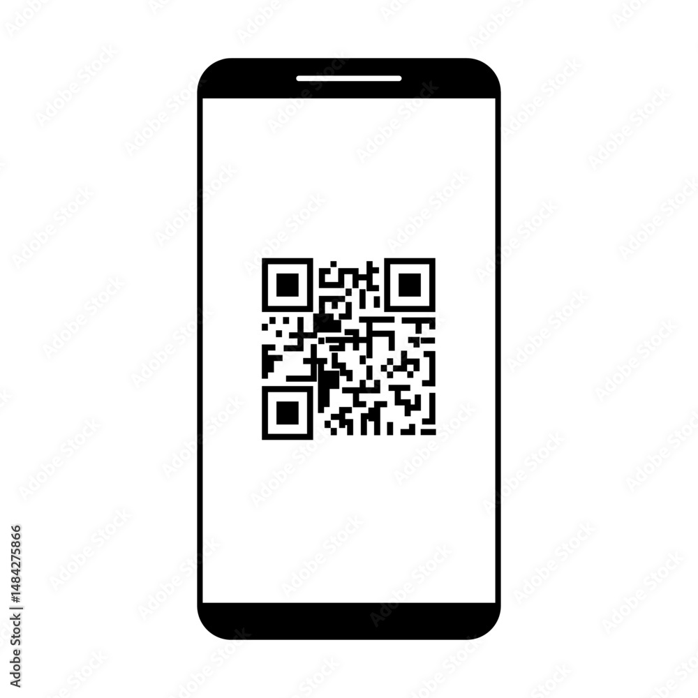 Poster qr code scanning on smartphone screen. simple line icon style, barcode scanner for payment, web, mob
