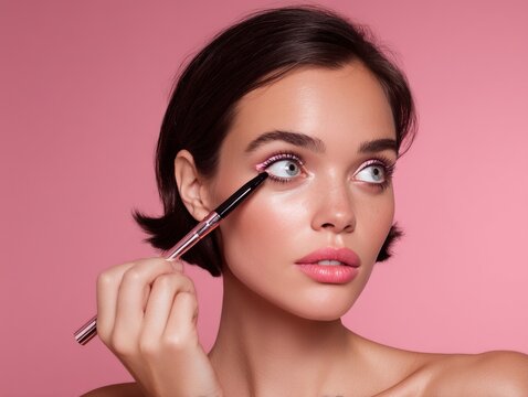 portrait photo of a supermodel applying makeup on someone, artistic concentration, isolated on glam pink background