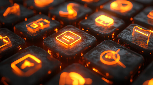 Glowing Icon Buttons Arrayed in a Grid Close Up