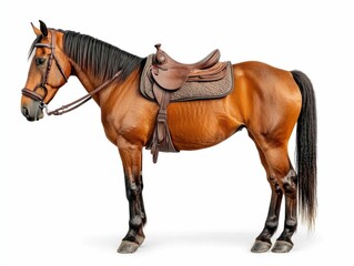 Majestic Chestnut Horse with Glossy Coat and Saddle on White Background  Powerful and Elegant Equine Animal Portrait in Studio Setting