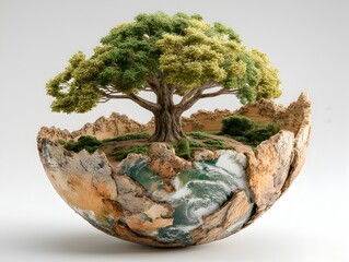 A miniature vibrant green tree thrives in a cracked spherical earth landscape representing environmental fragility and hope.