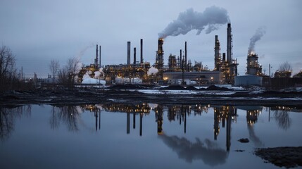 Naklejka premium An industrial complex with illuminated pipes reflecting in a pool of water, moody sky