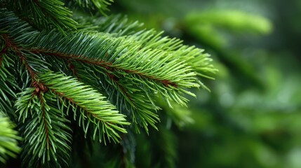 Close-Up of Wet Evergreen Tree Branch: Natural Beauty, Pine Needles, Detailed Greenery. Bokeh Background.