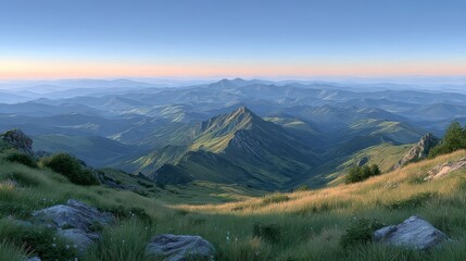 Majestic Mountain Panorama  Sunrise over Rolling Hills and Peaks