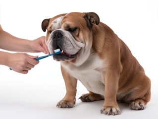 Obraz premium portrait photo of a supermodel brushing a bulldog teeth, focused and precise, isolated on clinical white background