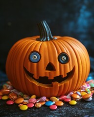 Smiling jack-o'-lantern, candy-filled base