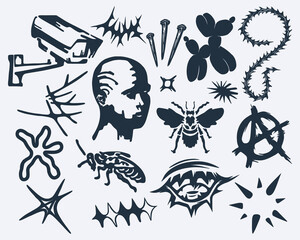 Anti design collage ink clip art tribal tattoo style, streetwear element brutalism shape collection acid graphic sticker poster symbol editable