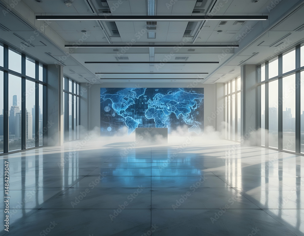 Poster modern conference room with large screen displaying world map and atmospheric fog