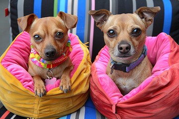 Two small brown dogs with colorful collars sit comfortably in cozy, bright beds, looking directly at the camera.