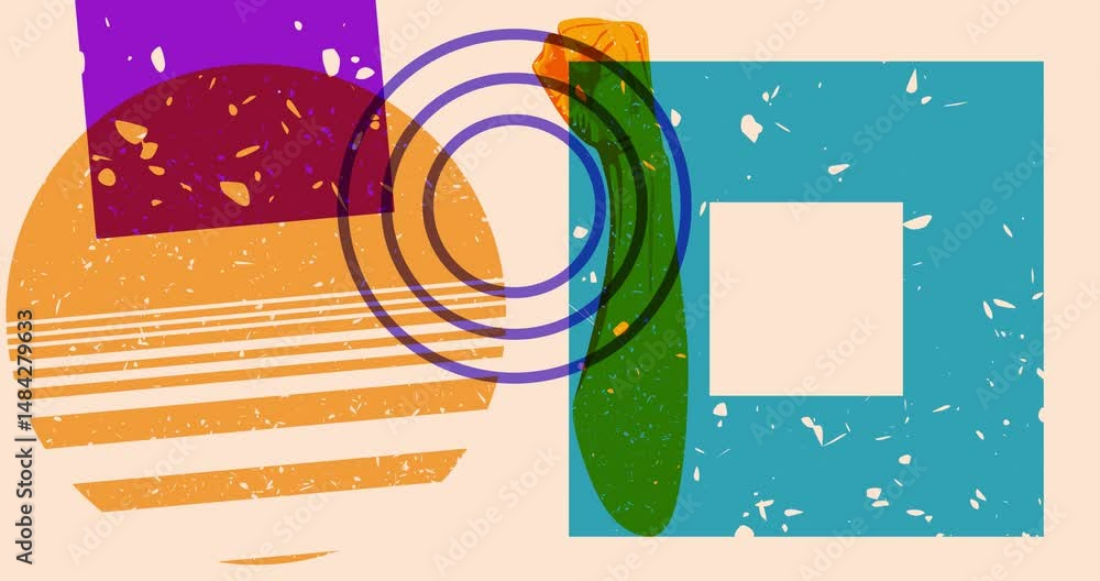 Poster risograph clenched, raised fists at a demonstration with geometric shapes animation. moving object i