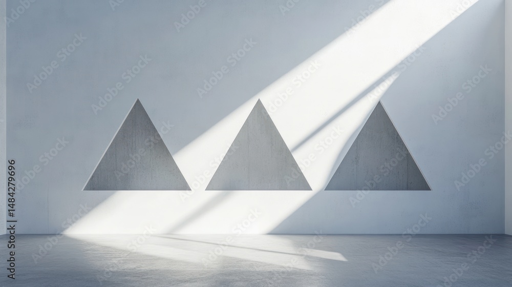Aufkleber empty room with light and triangles. sunbeams highlight the three triangular shapes in the wall
