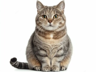 Adorable Gray Tabby Cat Sitting Calmly on White Background with Curled Tail  Domestic Feline Pet Portrait in Studio with Soft Fluffy Fur and Attentive Expression