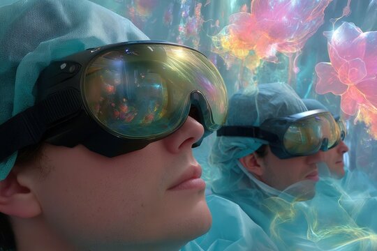 Surgeons wearing futuristic goggles observe a vibrant, holographic medical display with floating abstract visuals.