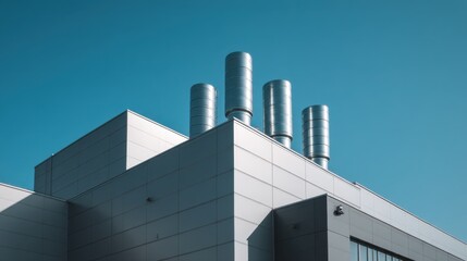 Modern industrial facility with sleek metal ventilation towers on rooftop against clear blue sky. Clean energy. HVAC infrastructure and sustainable architectural design concept