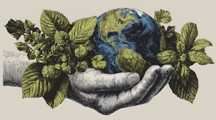 A hand gently cradles the Earth surrounded by lush green foliage symbolizing environmental protection and sustainability.