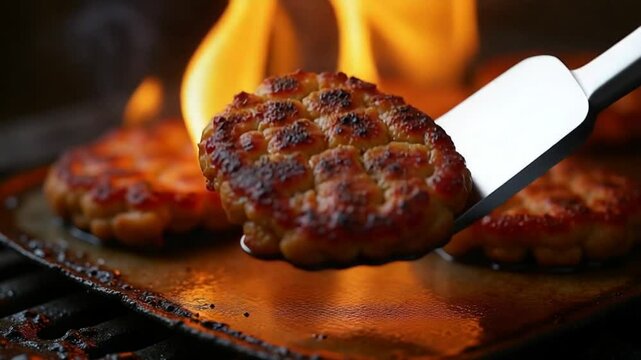 barbecue cutlets look very tasty cooked for a hamburger on a hot open fire on the grill turns over with a spatula after each turn the fire flares up and creates a beautiful suitable for any restaurant