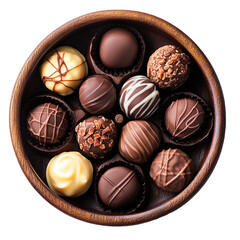 Assorted Chocolate Truffles in Wooden Bowl Delicious Sweets Isolated On Transparent Background