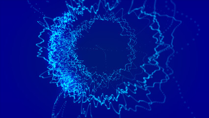 Abstract blue sphere of energy with magical glowing particles on blue background and a light core in the center. 