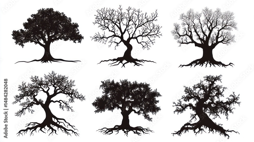 Poster silhouettes of various oak trees with extensive root systems. six different tree designs