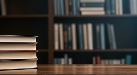 Stacked Books on Wooden Desk, Library Background, Serene Study