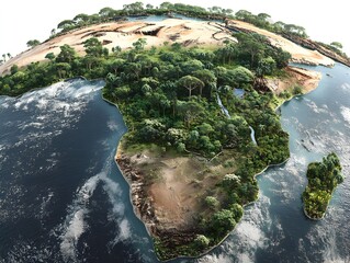 A detailed 3D rende showcases the African continent's diverse landscapes including lush rainforests, arid deserts, and coastal waters.
