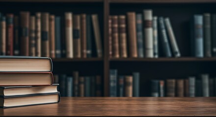 Stack of Books on Wooden Desk, Classic Library Setting