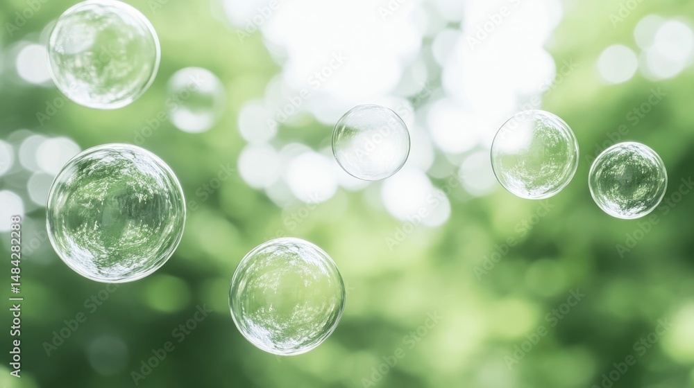 Poster floating transparent bubbles drifting through a lush green natural environment with soft dreamy boke
