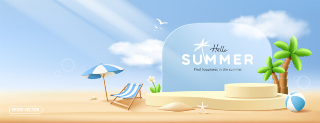 Summer podium display, coconut tree and beach chair, beach umbrella, beach ball on cloud and sky, sunlight shines from the side banner design blue background