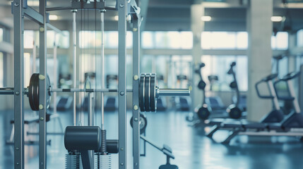 Fototapeta premium A solitary weightlifting machine in a quiet gym, symbolizing focus and dedication to personal strength.