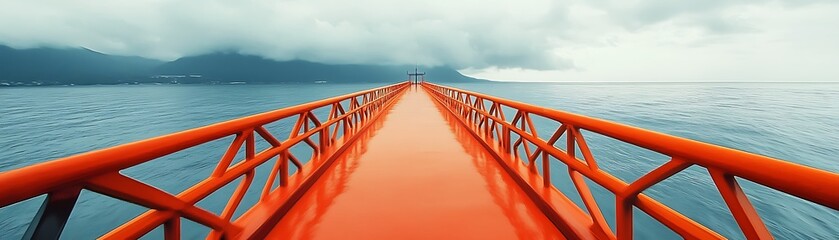 Fototapeta premium Oceanic walkway; vivid orange expanse stretches into hazy vista