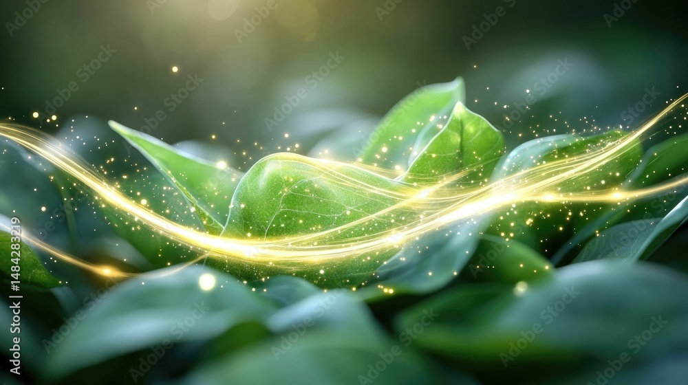 Poster mesmerizing abstract arrangement of vibrant green leaves with a shimmering glowing light reflection 
