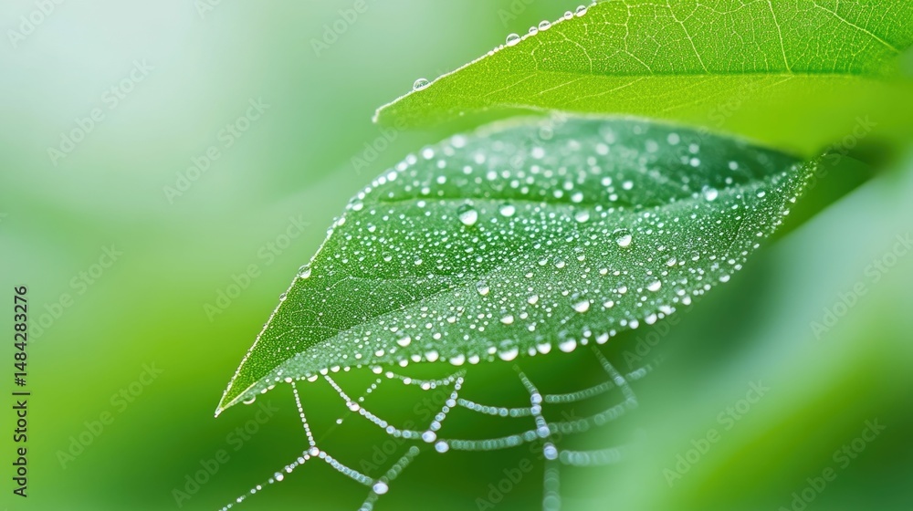 Poster captivating spider web glistening with delicate dew droplets nestled between lush green leaves with 