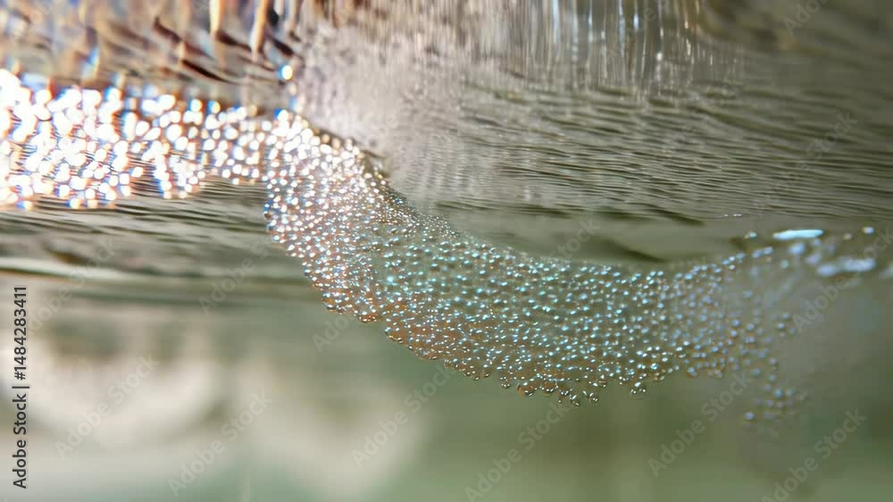Poster underwater close up view of shimmering bubbles rising in a column, creating a sparkling effect in an