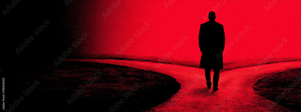 Poster minimalist flat illustration depicting a small character standing at a crossroads with multiple path