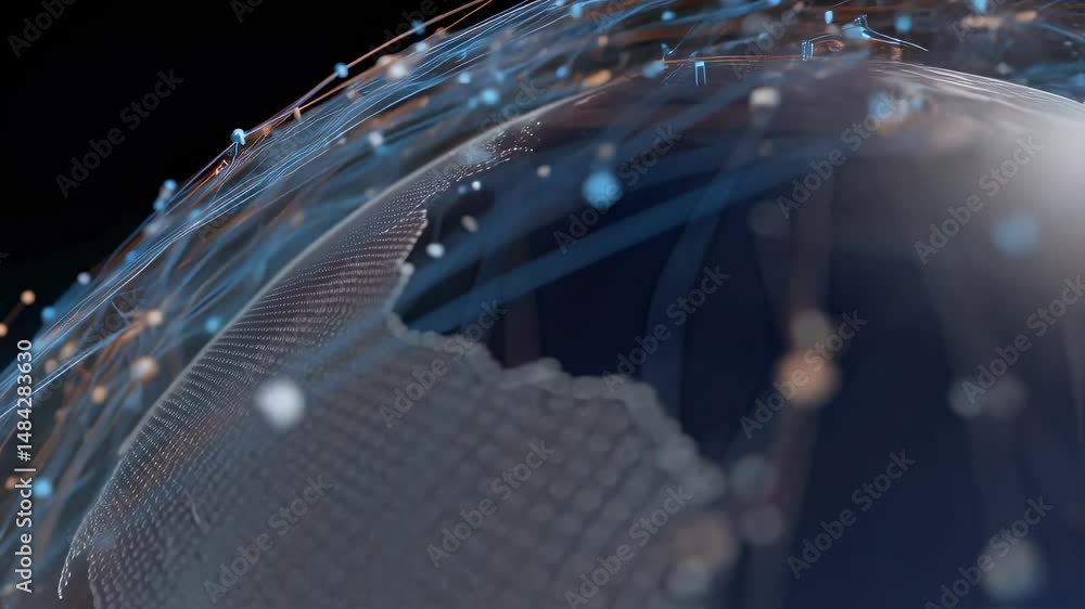 Poster global digital network rotating, revealing interconnected continents through glowing data pathways r