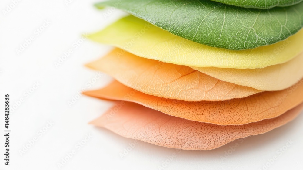 Poster overlapping layers of green yellow and orange leaves with intricate textures and patterns creating a