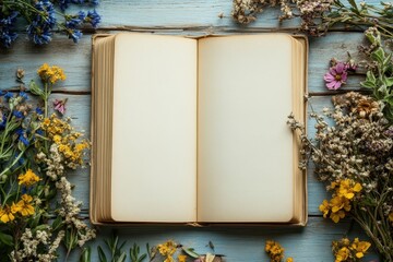 Open antique book surrounded by dried flowers on rustic wood (1)