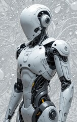 Futuristic AI Service Droid White and Steel-Gray Armor, Luminous Cables, PNG Transparent Background