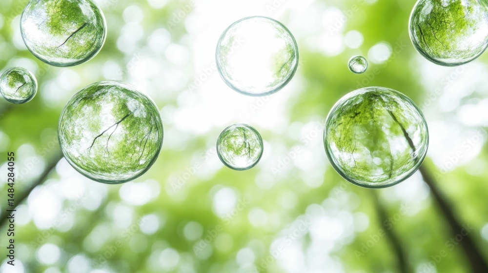 Poster ethereal bubble patterns gently floating and drifting over a lush green forest landscape creating a 