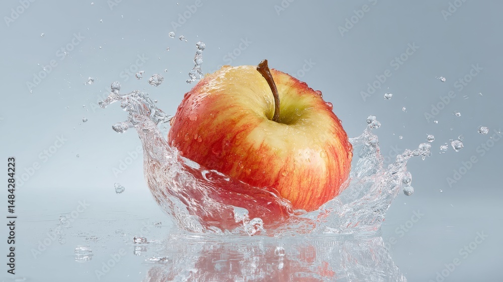 Poster fresh apple slice creating splash in clear water isolated on background