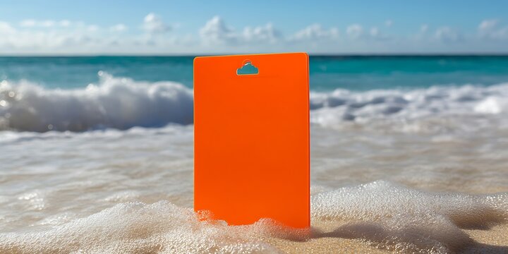 Orange rectangular cutting board on beach