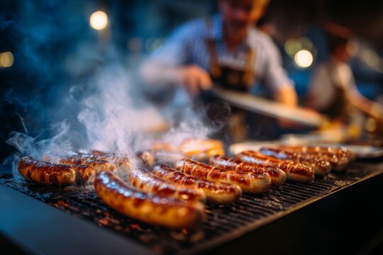 Bratwursts sizzling on open grill rising smoke, traditional sausages in a row, grill master in Bavarian outfit behind, busy Oktoberfest food stall background
