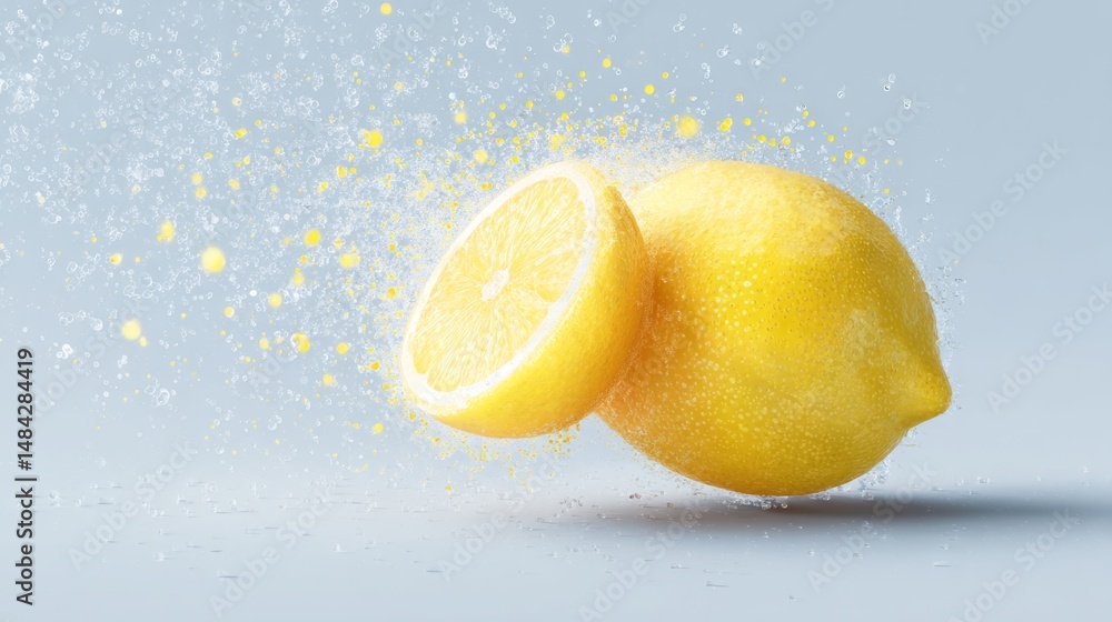 Poster fresh lemon splash isolated on light flat background in 3d style