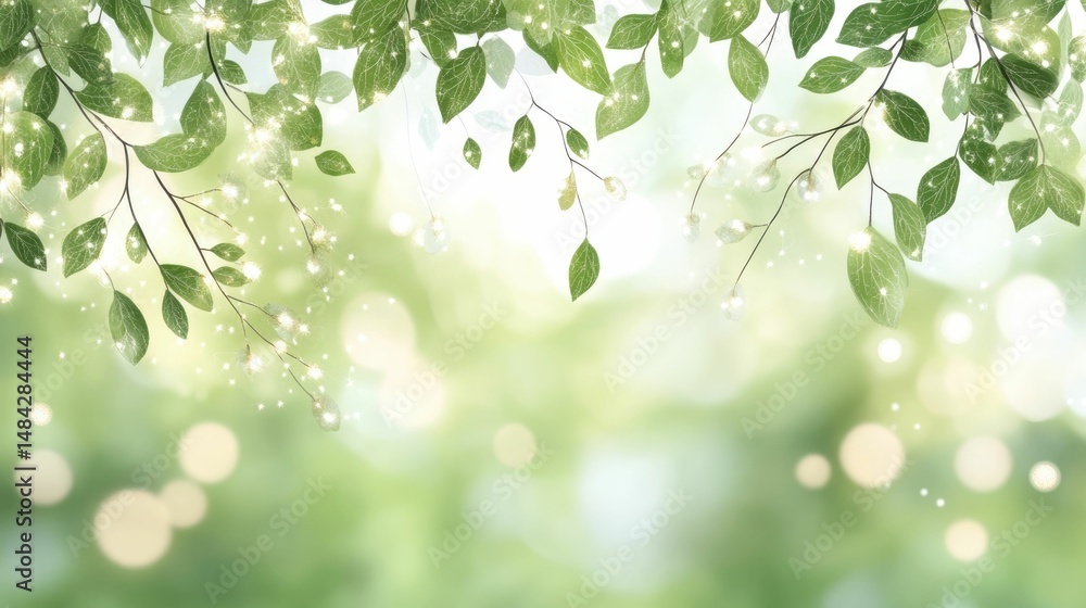 Poster soft focus greenery with a mix of leaves and glowing bokeh lights backdrop serene and calming nature