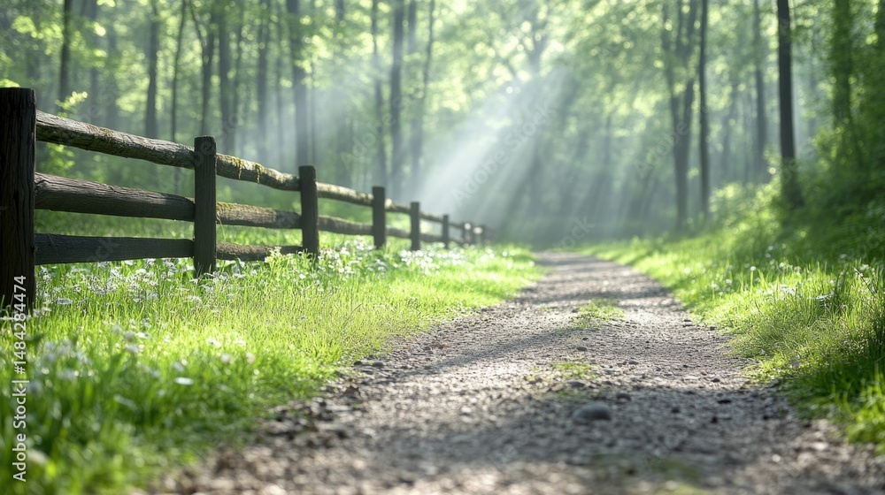 Poster sunlit forest path meandering through lush verdant spring foliage with dappled sunlight filtering th